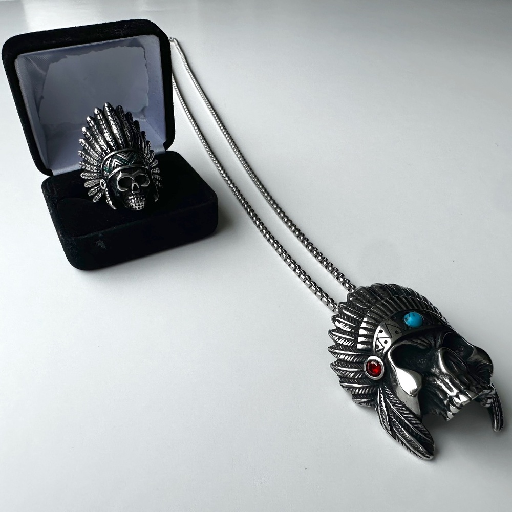 Men’s Stainless Steel Native American Chief Skull Necklace & Ring Set